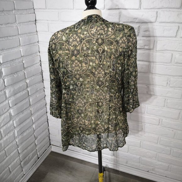 Reitmans Plus Ladies Size 16 Green Tan & Black Pattern Sheer Button Front Blouse - Picture 2 of 9